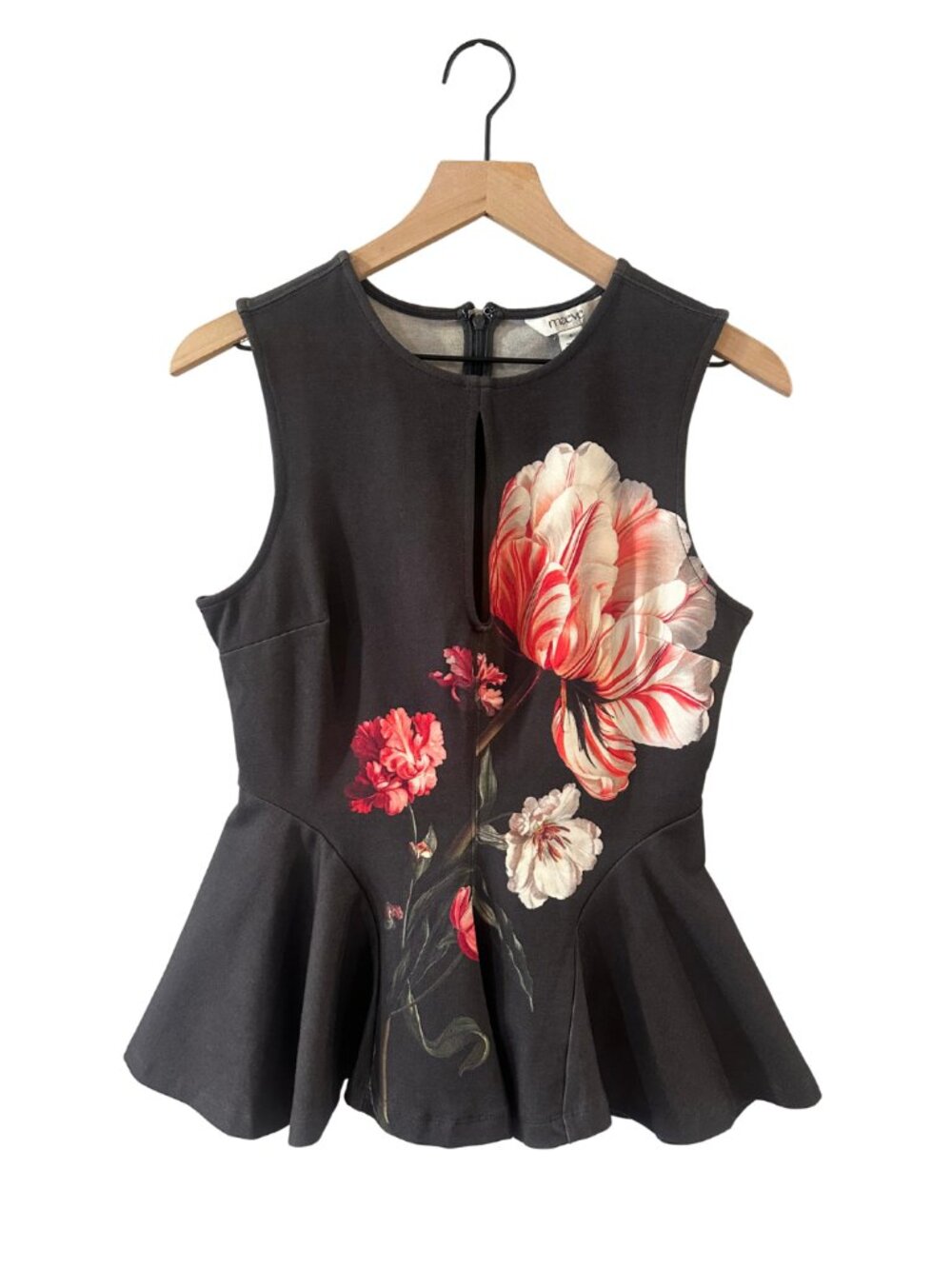 NWT Anthropologie Maeve Gray Floral Print Keyhole Peplum Tank - Size S